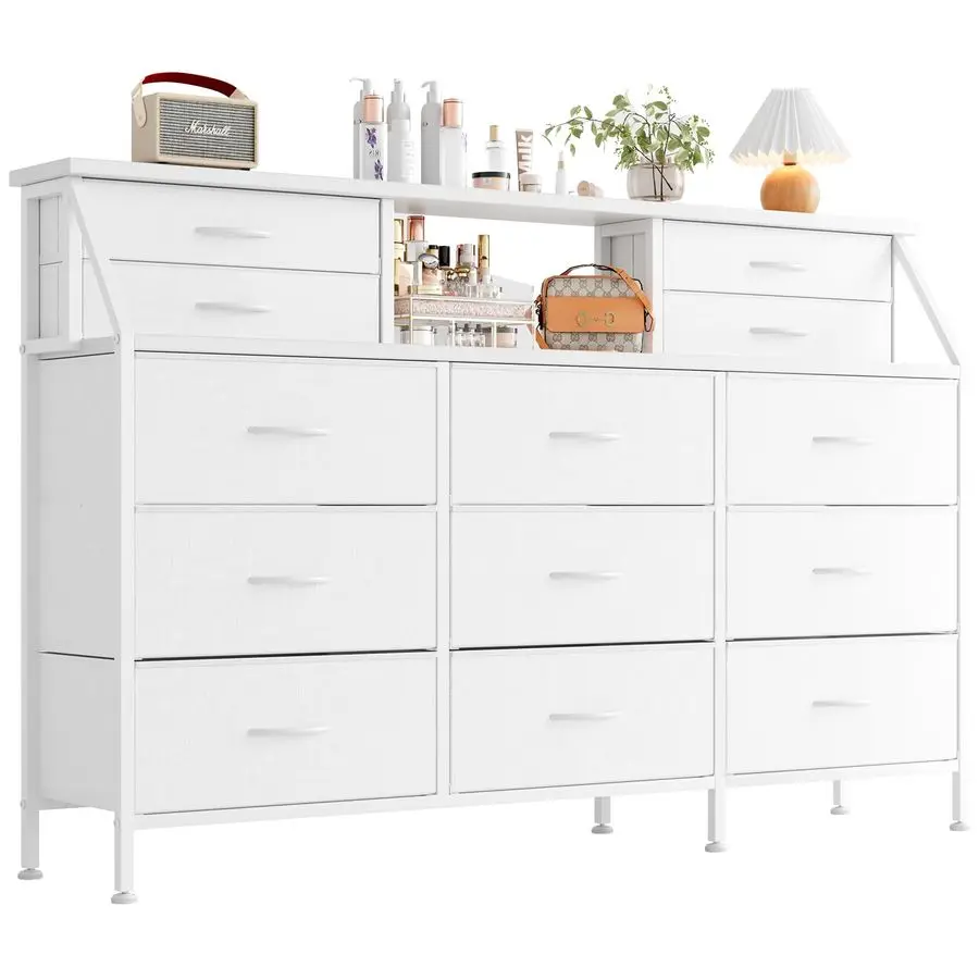 Commode pour chambre à coucher avec 13 tiroirs, commode large 55, commode en tissu avec 2 étagères en bois, unité de rangement avec