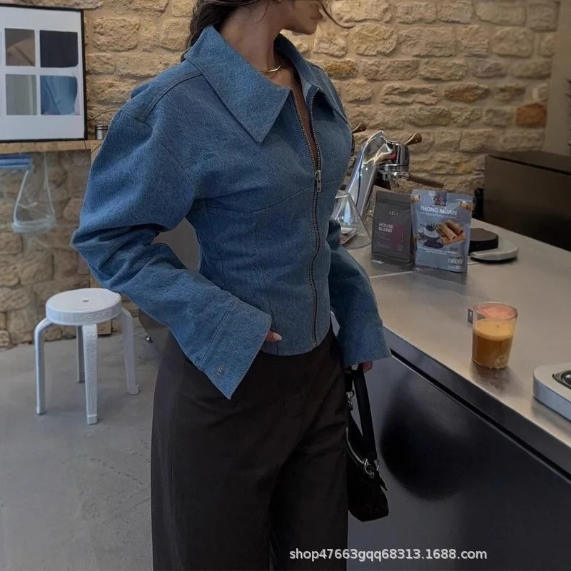 

Women Denim Shirts 2026 New Women's Retro Zipper Cardigan Design Cropped Waist-coned Denim Jacket Loose Slim Fit Jacket Top