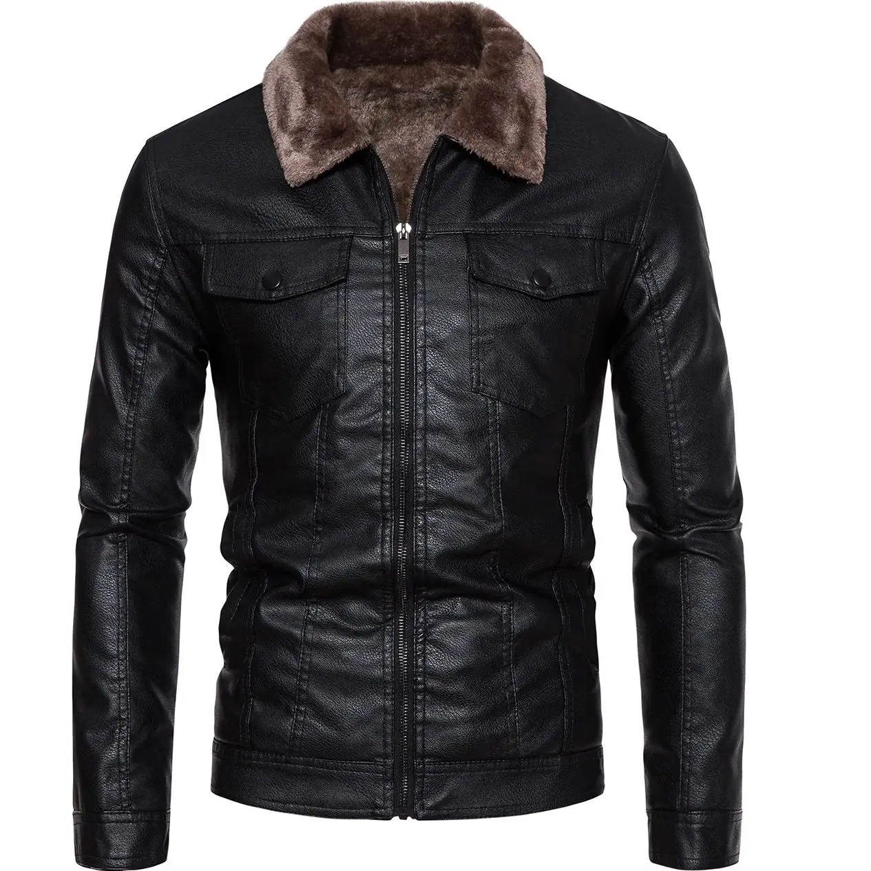 Men's casual collared leather jacket