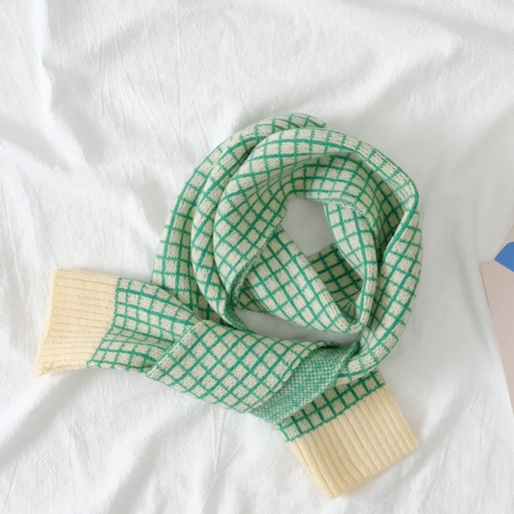 Plaid Pattern Knitted Wool Scarf Windproof Thermal Winter Outdoor Children Neck Warmer Thicken Warm Boys Girls Scarf