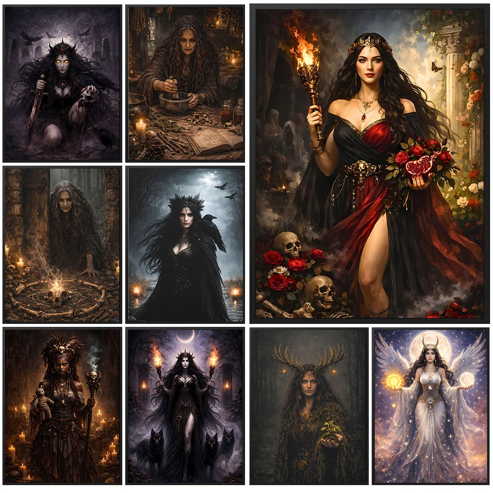 Occult Mythology Goddess Wall Art Canvas Painting Dark Fantasy Witch Pagan Moon Magic Poster Gothic Aesthetic Home Wall Decor