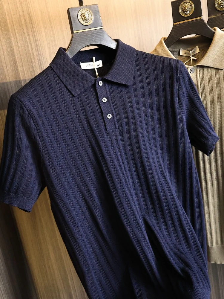 High-End Textured  Shirt Knitted Men's Summer Fashion Urban Style Short Sleeve Pure Color Versatile Comfortable Fit  Top