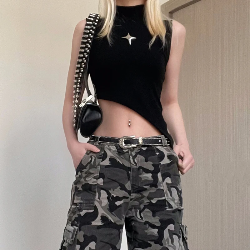 

Fashionable European Women's Dark Style Metal Star Asymmetric Vest Cropped Sleeveless Top And Camouflage Pants