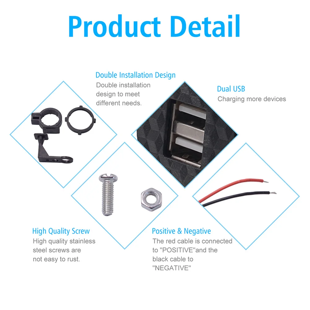 

Motorcycle USB ABS Panel Waterproof Dustproof Dual USB Phone Tablet GPS Black Handlebar Rearview Mirror Fixed