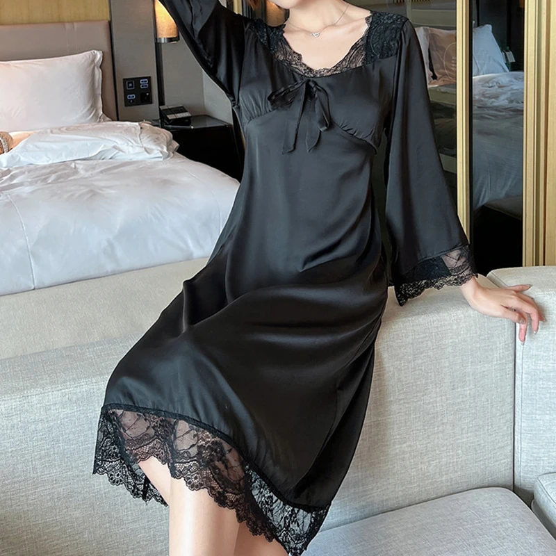 Sweet Women Lace Hollow Nightdress Sexy Nightgown Sleepshirt Loose Home Clothes Satin Nightgown Girl Spring Summer Nightwear