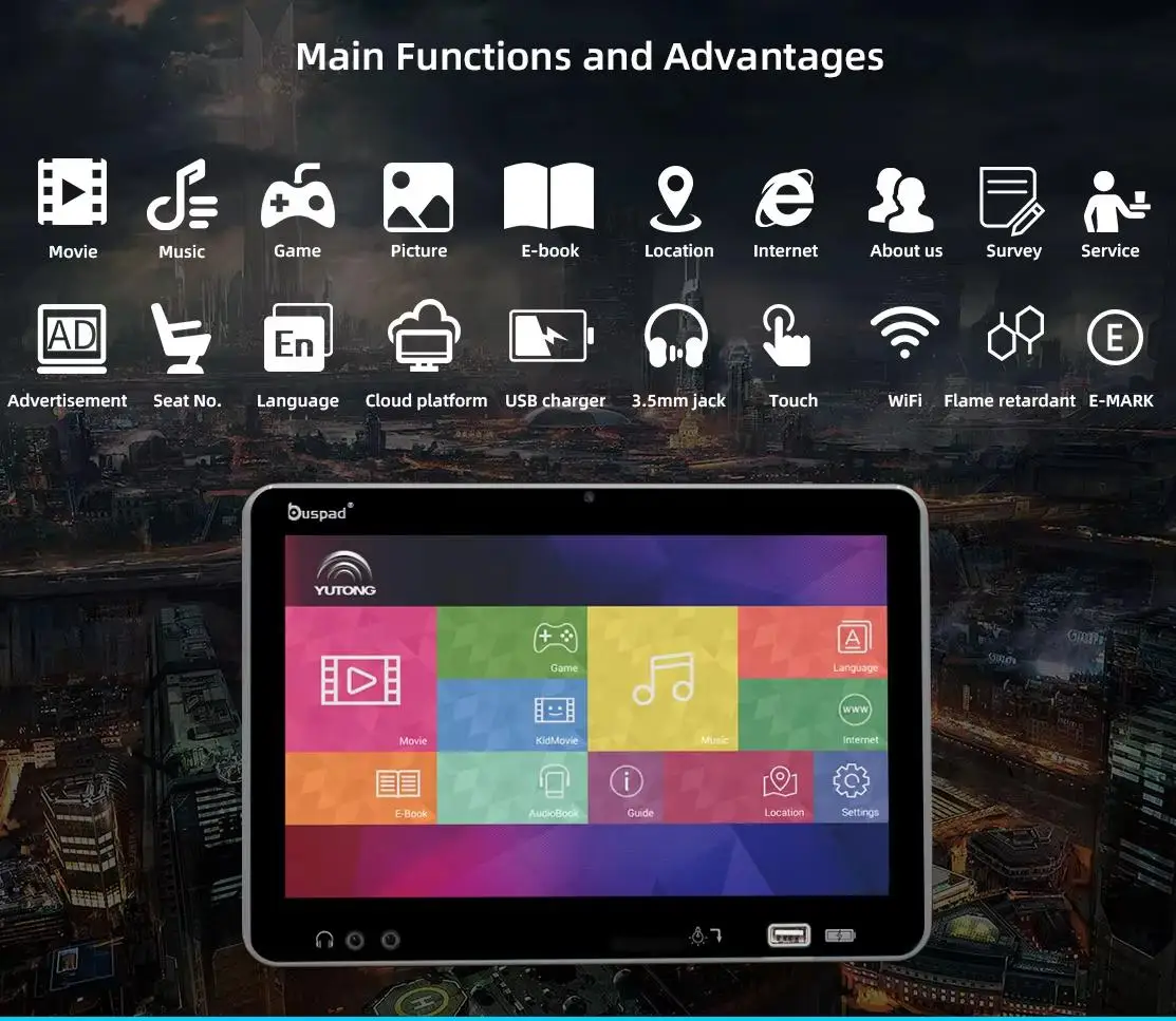 32G Android Bus Headrest Monitor 10.1 Multimedia Player Touch Screen Bluetooth Foldable Dashboard Bus Vehicle