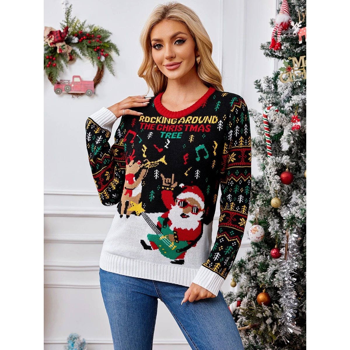 Christmas Knitted Sweater Deer Embroidery Santa Claus Design Thickened Long Sleeve round Neck Pullover for Unisex Autumn Winter