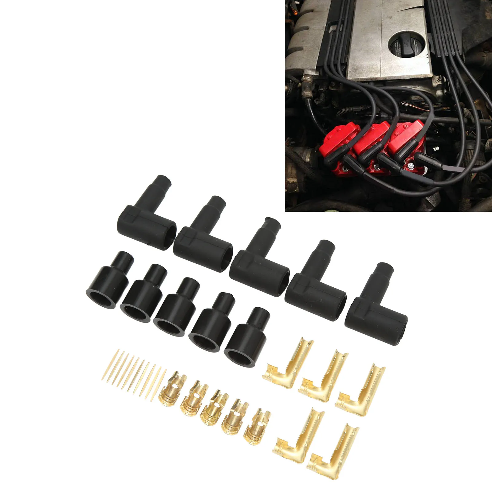 30PCS Spark Plug Coil Wire Boot Black Rubber Material Terminal Kit Fit for 6‑10mm Wires