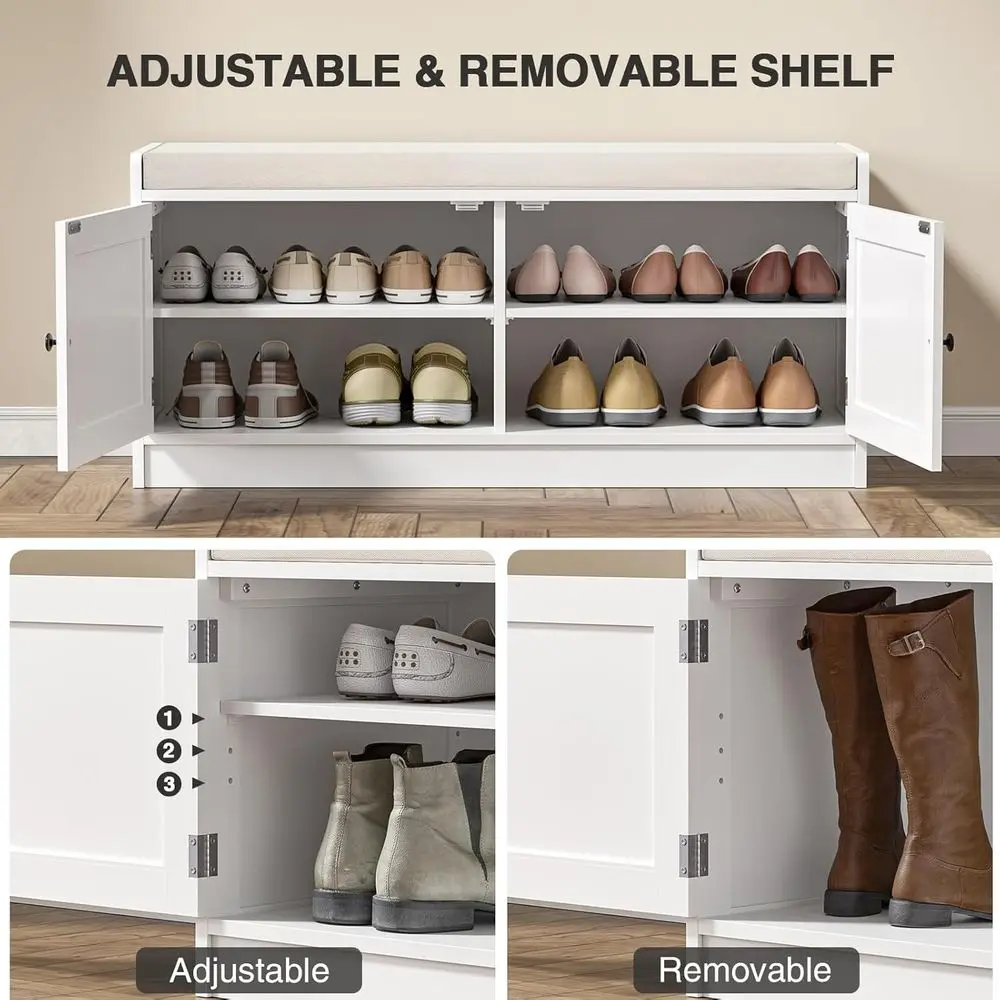 مقعد تخزين أحذية الروطان باللون الأبيض على طراز بوهو مع وسادة للممر وغرفة النوم