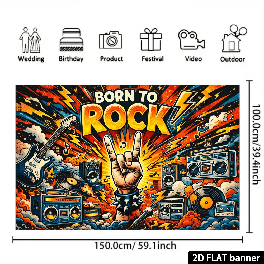 2D scene: Rock style theme "Born to Rock", vintage speaker set, and cloud and lightning decorations - view 6