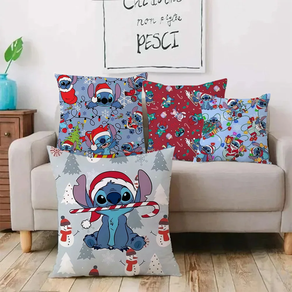 Hot Christmas Disneies Stitch Pillow Covers Cartoon Sofa Decorative Home Double-sided Printing Short Plush Cute Cushion Cover