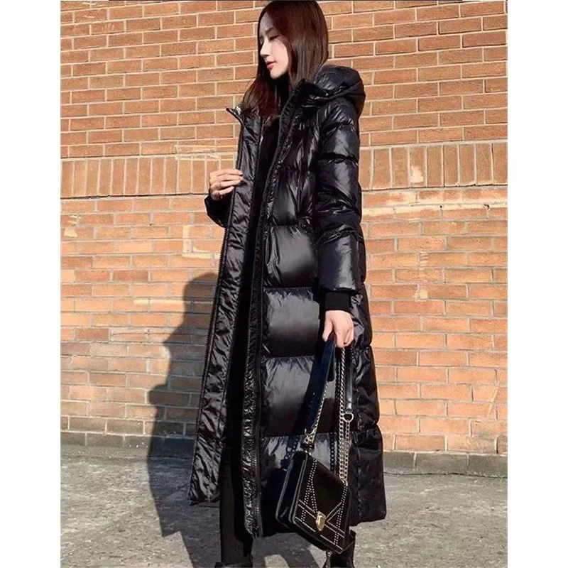 Korean Lady Long Bright Puffer Coat Autumn Winter Female Large Size Warm Down Cotton Jacket 2024 Women Black Parka Outwear