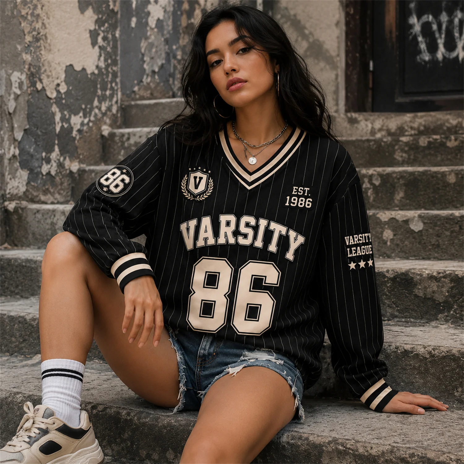 Varsity 86 Baseball Jersey Women Long Sleeve  Vintage Sports Shirt Casual Streetwear Autumn Top