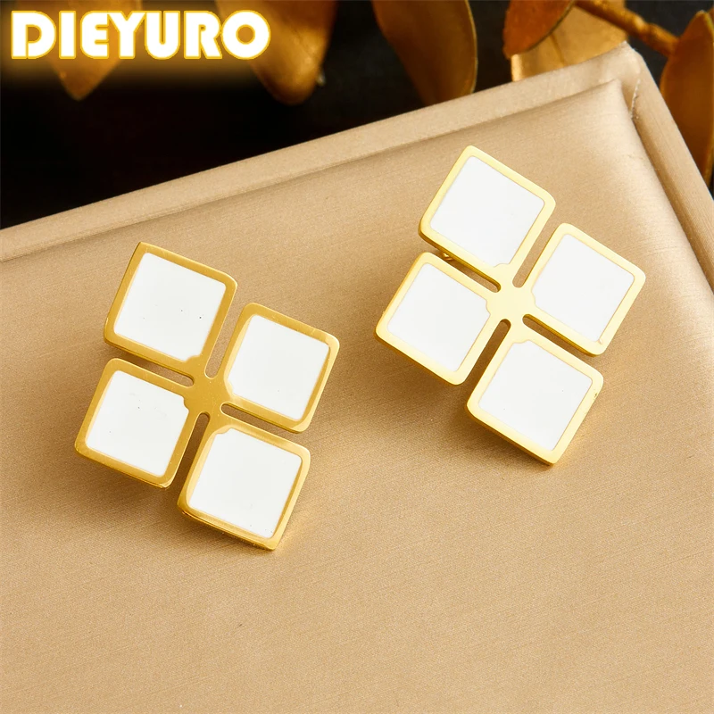 

DIEYURO 316L Stainless Steel Black White Rhombus Diamond Earrings For Womens 2024 New Geometry Trend Ear Jewelry Gift Party