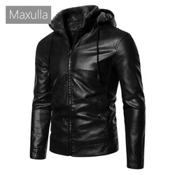 Maxulla Winter Men's PU Jacket Casual Man Warm Motorcycle Leather Coats Fashion Fleece Hooded Leather Jackets Mens Clothing