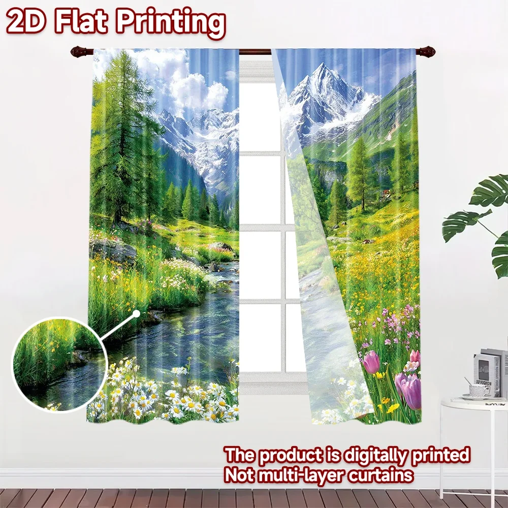 2D flat printing 2pcs Window Curtains Alpine Meadow Stream Daisies Mountains Digital Printed Polyester Drapes Birthday Party for