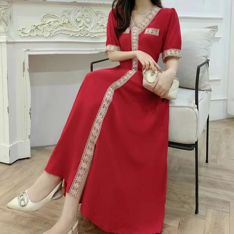 

Новинка 2024, однотонные пуловеры в стиле пэчворк, женская одежда, летняя модная трапециевидная юбка с коротким рукавом, женские темпераментные платья