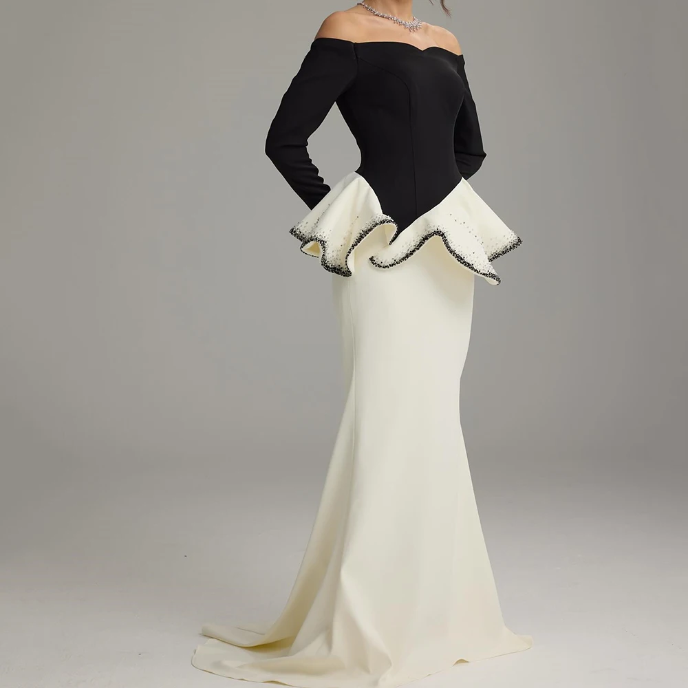 

Customized Mermaid Evening Dresses Floor-length Off The Shoulder Full Sleeve Prom Gown Fashion Crystal Simple Draped Party Gown