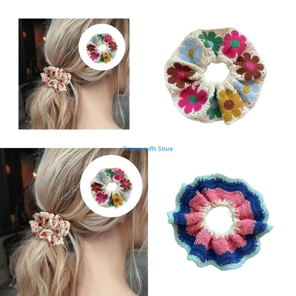 50LE Elaborate Flower Hair Tie for Women Hair Rings Elegant Knitted Scrunchies Oversized Hair Rope Hair Tie