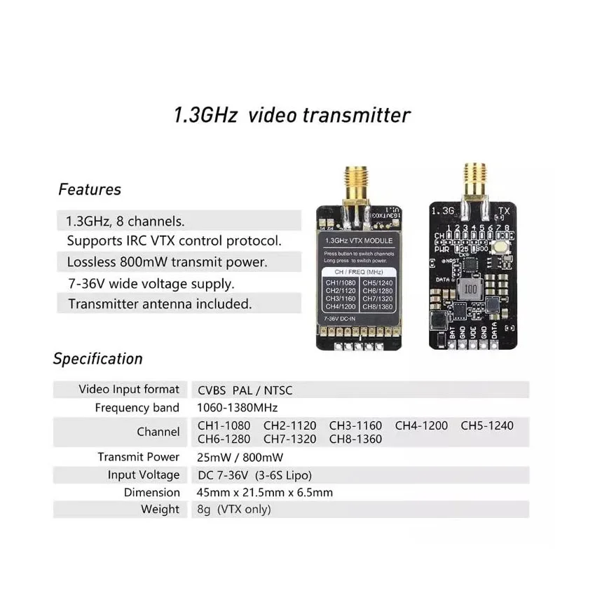 1.2G 1.3G 800mW VTX VRX Audio Video FPV Transmitter Receiver Module W/ Y Antenna For RC FPV Long Range Multicopter Racing Drone