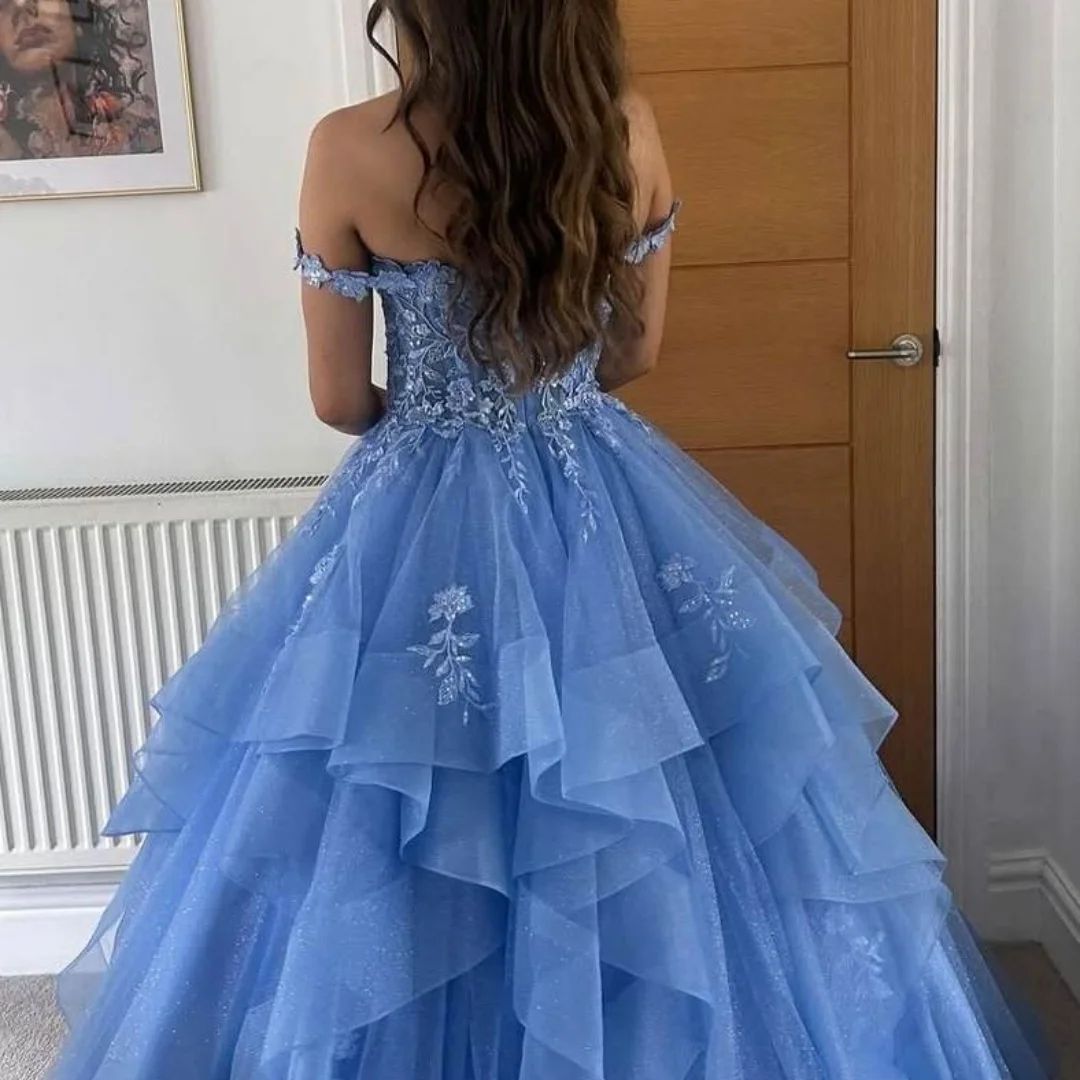 Bella op maat gemaakte blauwe bloemen borduurwerk off-the-shoulder robes de soirée mesh stof feestjurken strapless a-lijn galajurk