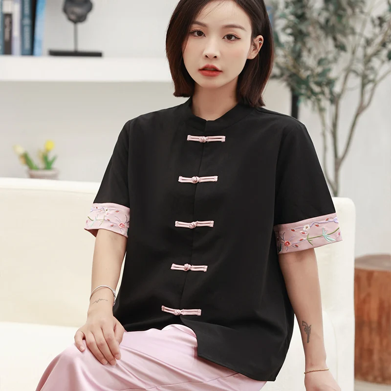 Chinese Style Ethnic Charm Women\'s Clothing Short Sleeve Top Vintage Embroidered Buckle Loose T-Shirts Summer Women Blouse