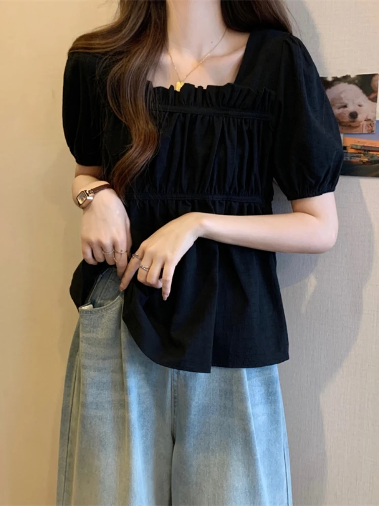plus Size Bubble Sleeve Chiffon Base Shirt Summer New Style Women's Fashion Slimming Top Cover Belly Square Collar T-shirt