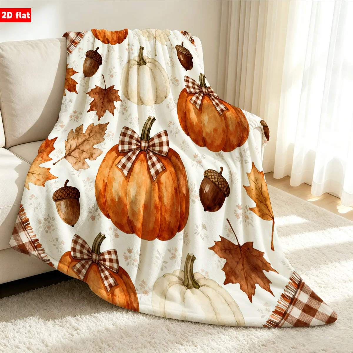 1pc 2D Flat Autumn Pumpkin Leaf Acorn Printed Flannel Throw Blanket Soft Cozy Anti Pilling Warm Fabric Multiple Sizes for Sofa B
