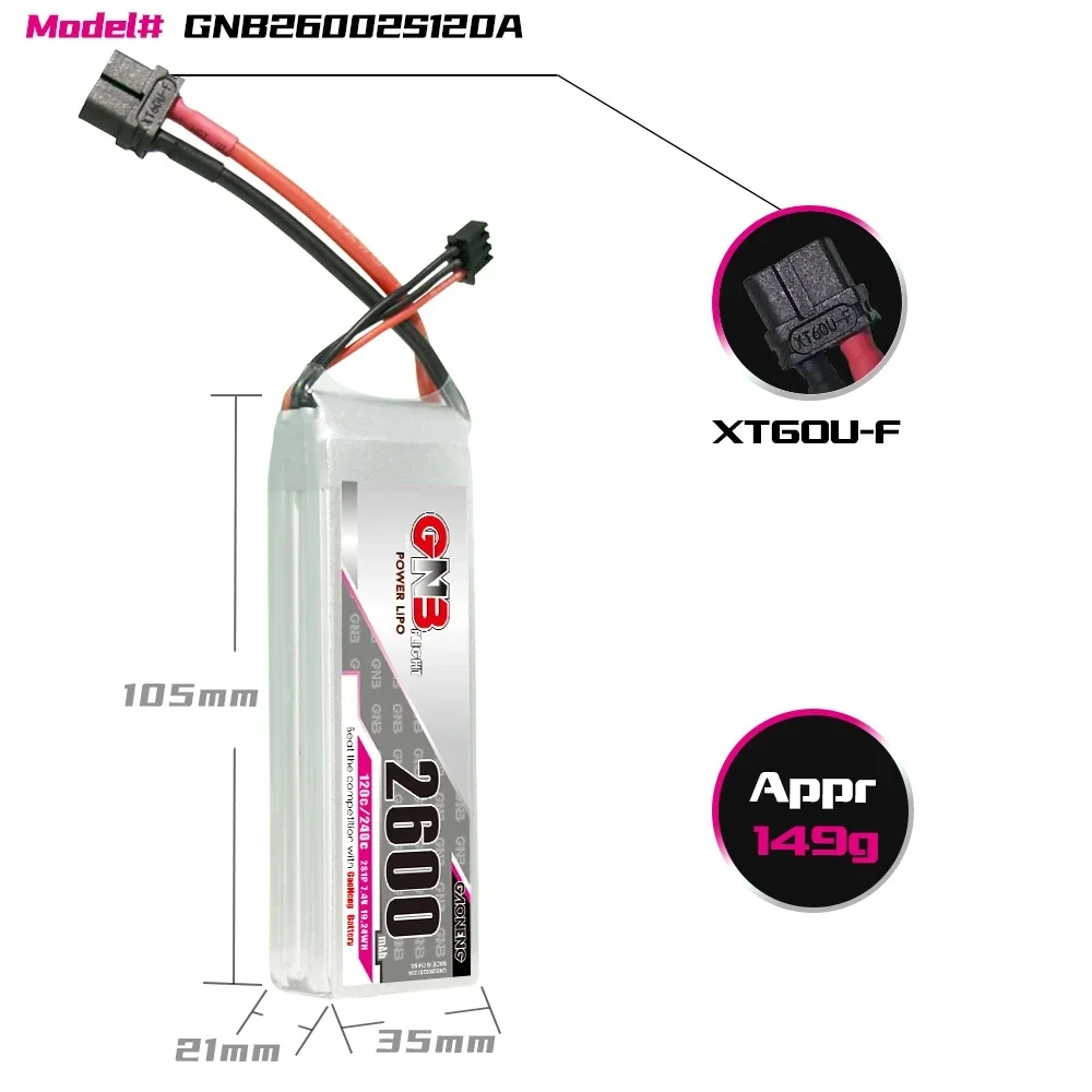 GAONENG GNB 브러시리스 드론 RC 비행기용 LiPo 배터리, 글라이더 3D 비행기 공원 플라이어, XT60 T 플러그, 2600mAh, 2S, 3S, 120C, 180mm ~ 330mm