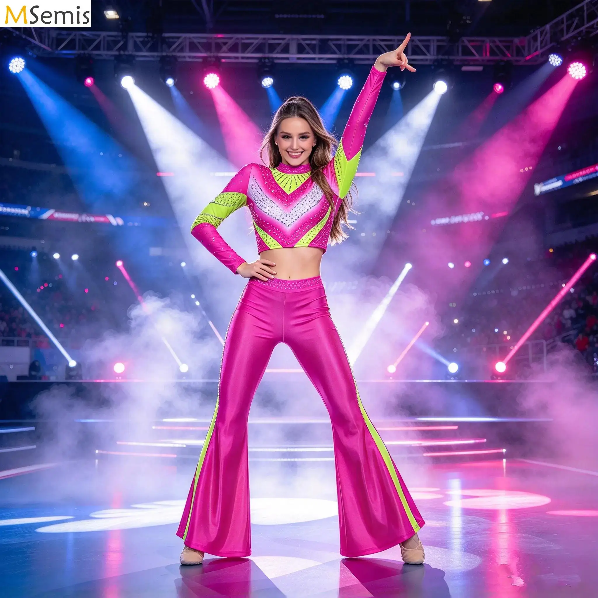 Adult Cheerleader Costume Women Cheerleading Dance Outfit Rhinestone Long Sleeve Crop Top Flare Pants Cheer Performance Set