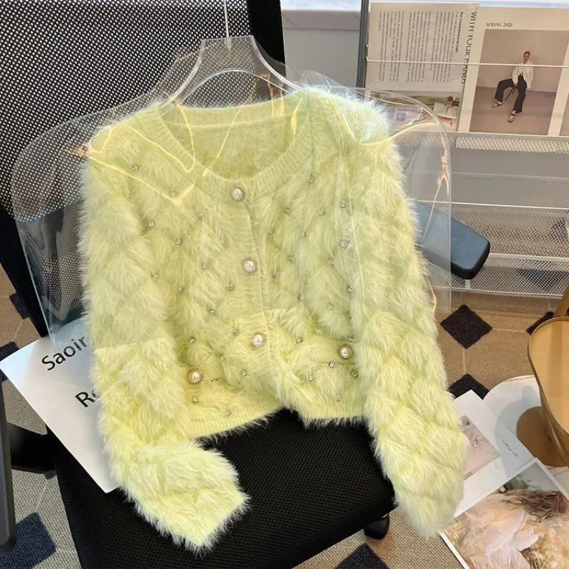 

New Fashion Bead Imitation Mink Sweater Women Knitted Cardigan Autumn Winter Long Sleeve Short Loose knitwear Female Tops