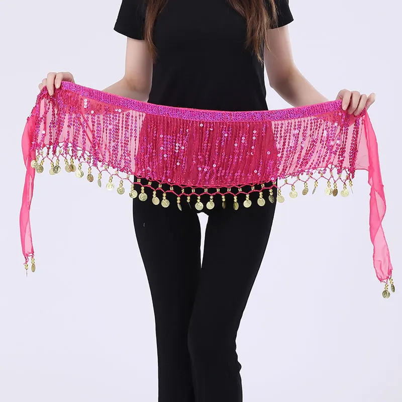 Adult Bling Belly Dance Hip Scarf Sequins Coin Bellydance Wrap Belt Skirt Fringe Dancewear Stage Costume Rave Outfit Lesson Suit