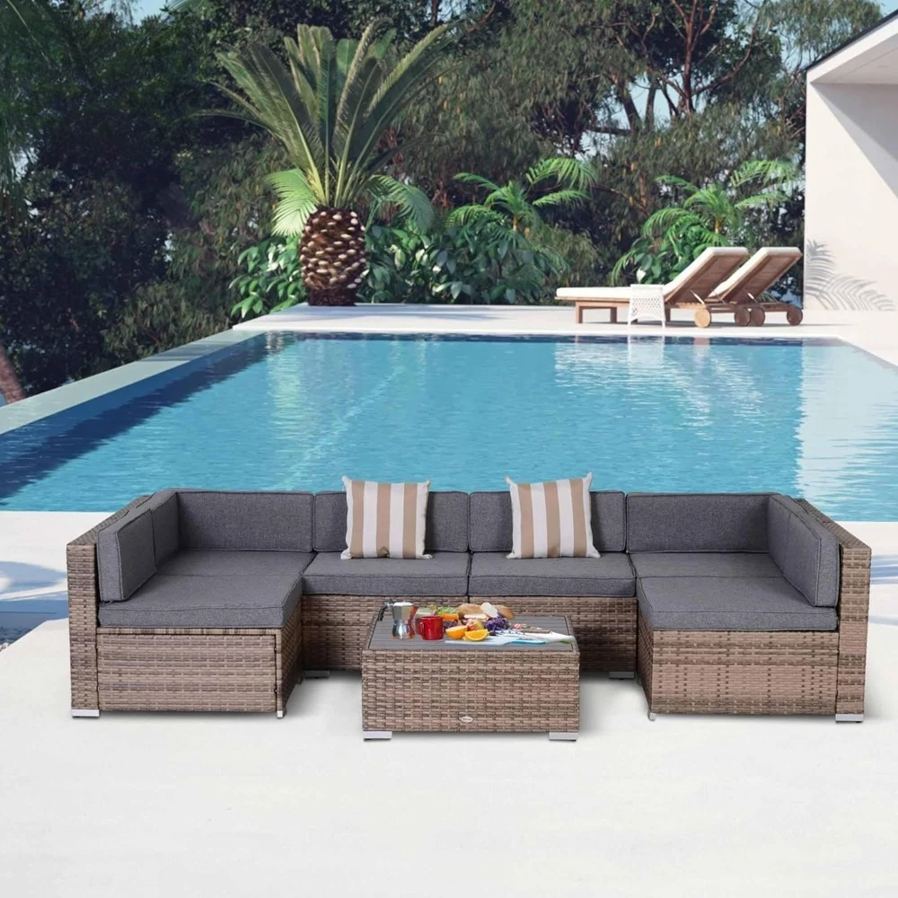 

7 Piece Patio Furniture Set, Wicker Outdoor Sectional Sofa Set, All Weather PE Rattan Outdoor Furniture, Customized