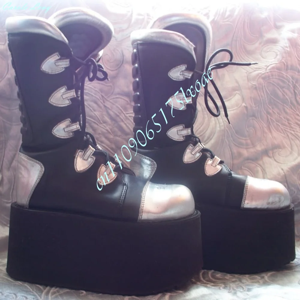 Gothic Platform Ankle Boots Black Sliver Patchwork Faux Leather Lace Up Super Thick Sole Punk Streetwear Cosplay Mid Calf Boots