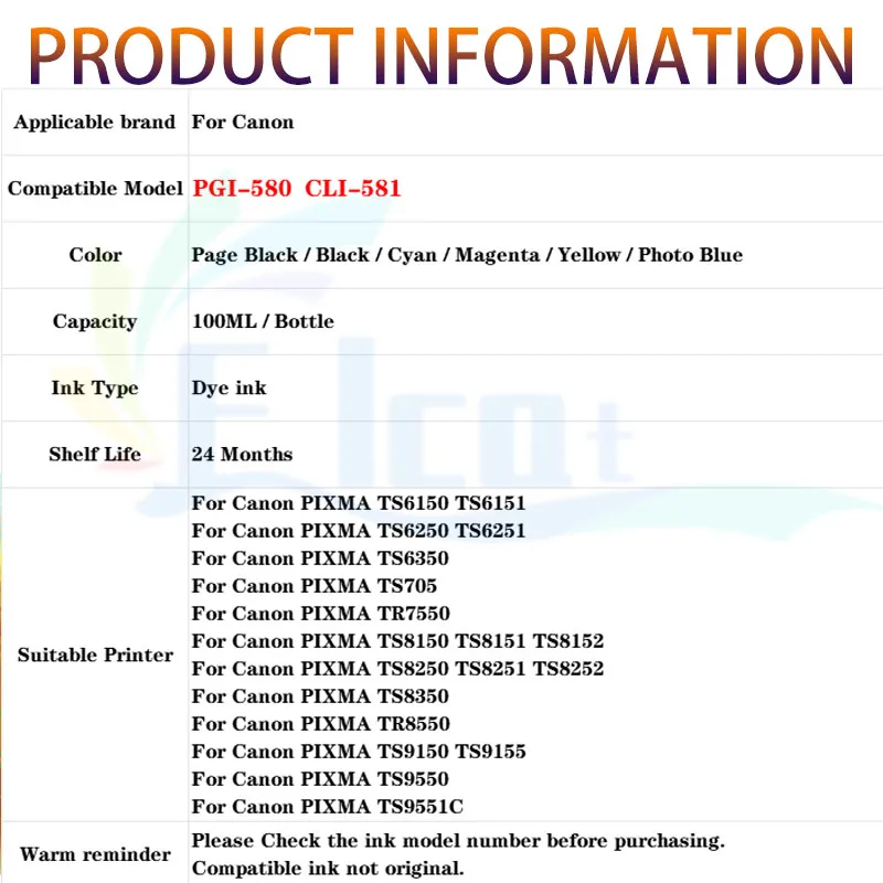 หมึกเติม PGI-580 CLI-581 PGI580 CLI581 ชุดเติมหมึกแบบ Dye สำหรับเครื่องพิมพ์ Canon PIXMA TS6150 TS6250 TS6350 TS705 TS8150 TS9150