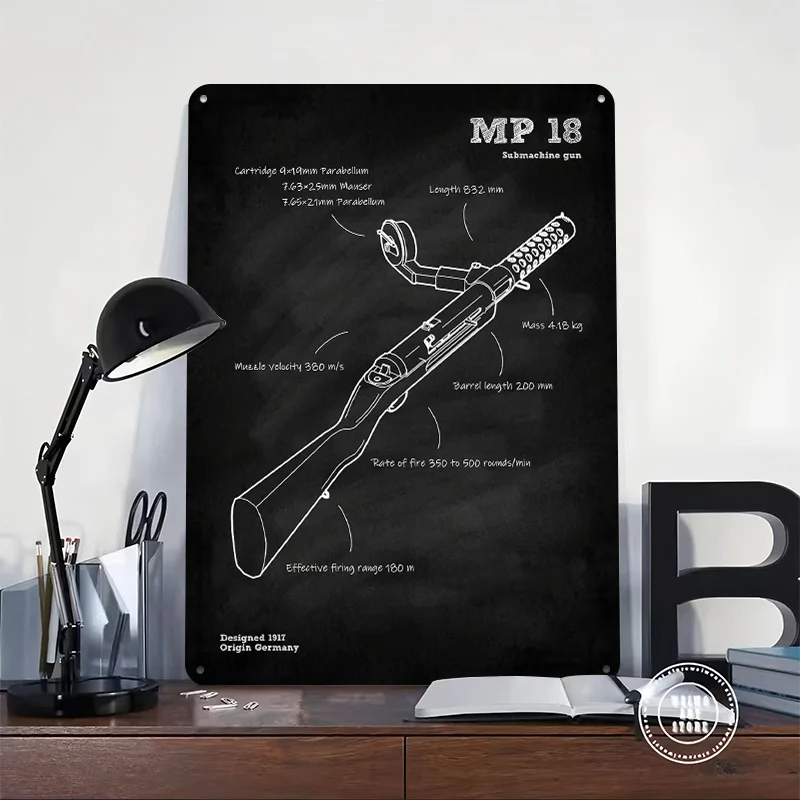 MP 18 Submachine Gun Ww1 Printing Poster Customized Retro Wall Art Vintage Metal Signs for Room Office Decor Decoration Home