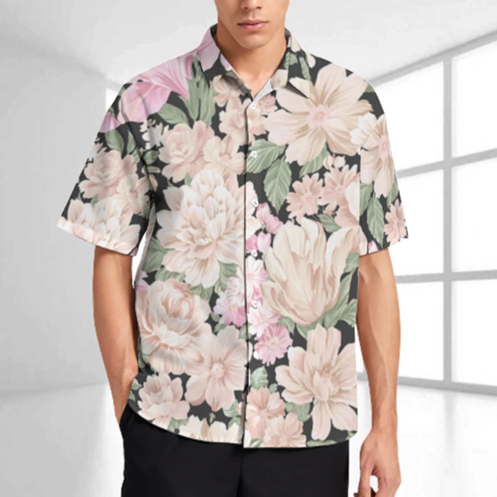 

Summer floral short-sleeved European and American shirts for men, trendy fashion tops, Hawaiian seaside beach shirt printing