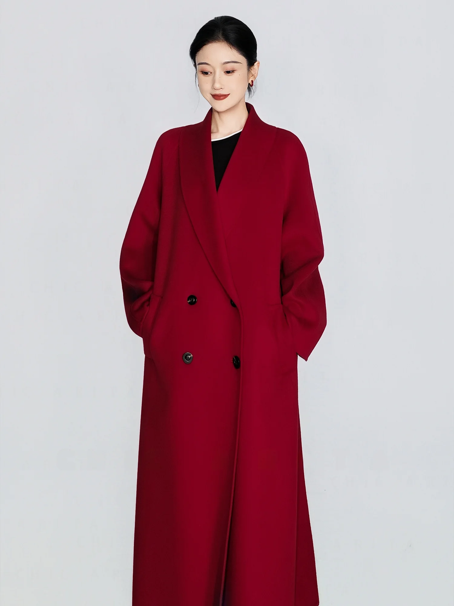 Double-Faced Cashmere Wool Coat Chic Arita Commute Style Long Length Turn-down Collar Women's Suit Outerwear Thick Autumn Winter