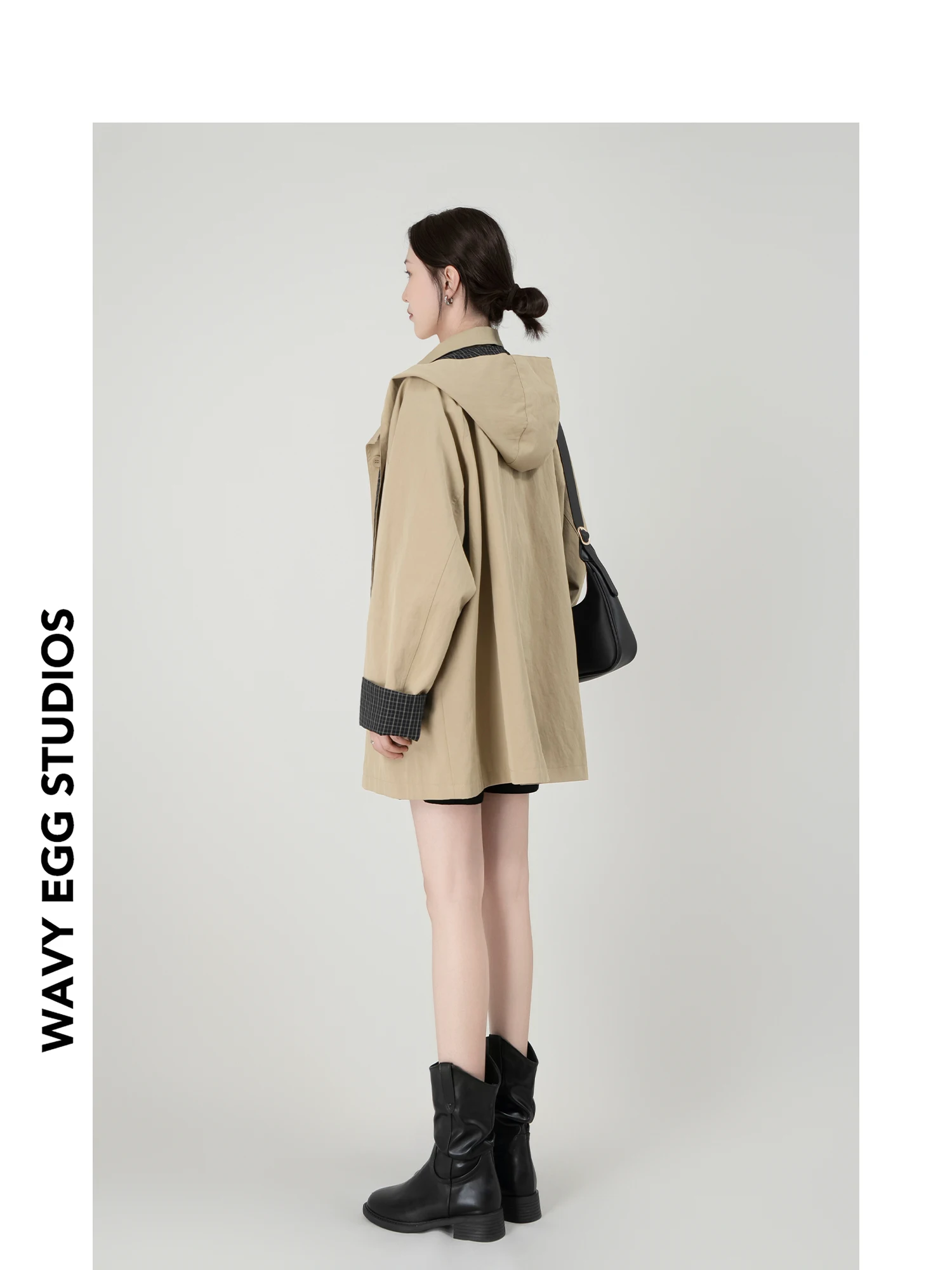 

Wavy Egg Design i Color Hooded Women's Autumn Winter Plaid Patchwork Coat Single Button Commute Sle Mid-Length Jaet