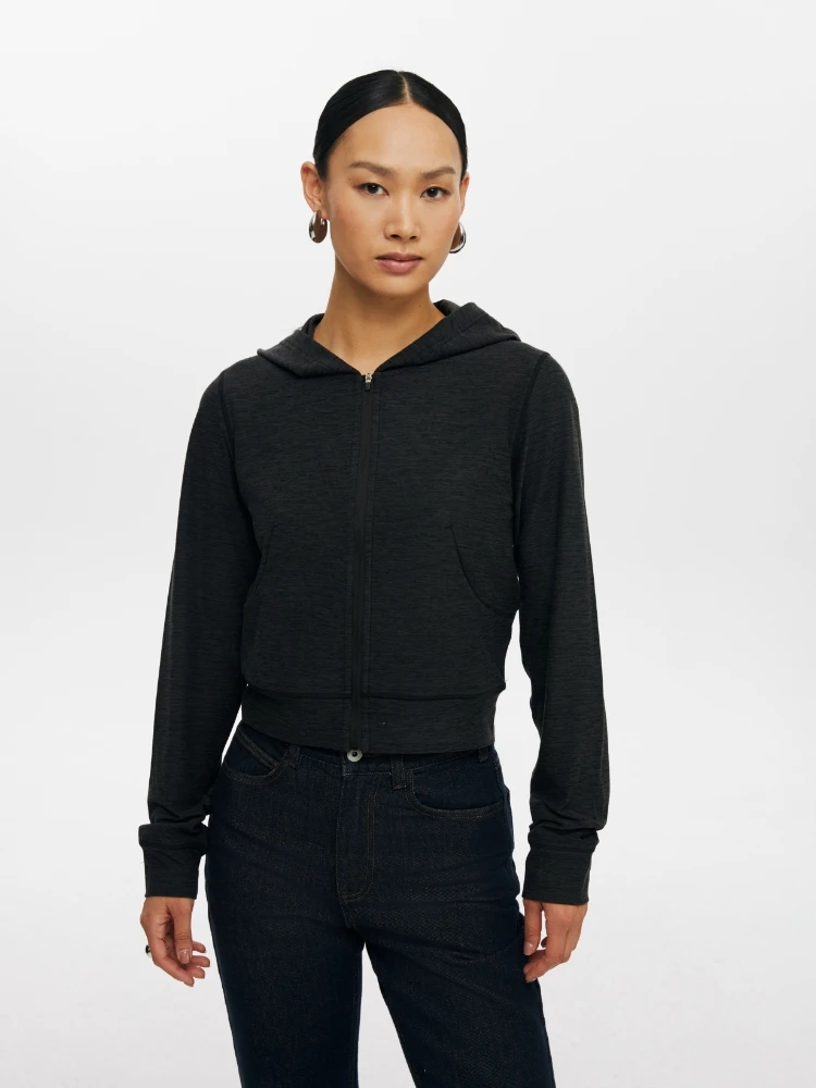 

Oneup Women's Short Zipper Hoodie Jacket Outdoor Hiking Sport Grey Slim Fit Spring Cardigan Style Polyester Spandex Blend