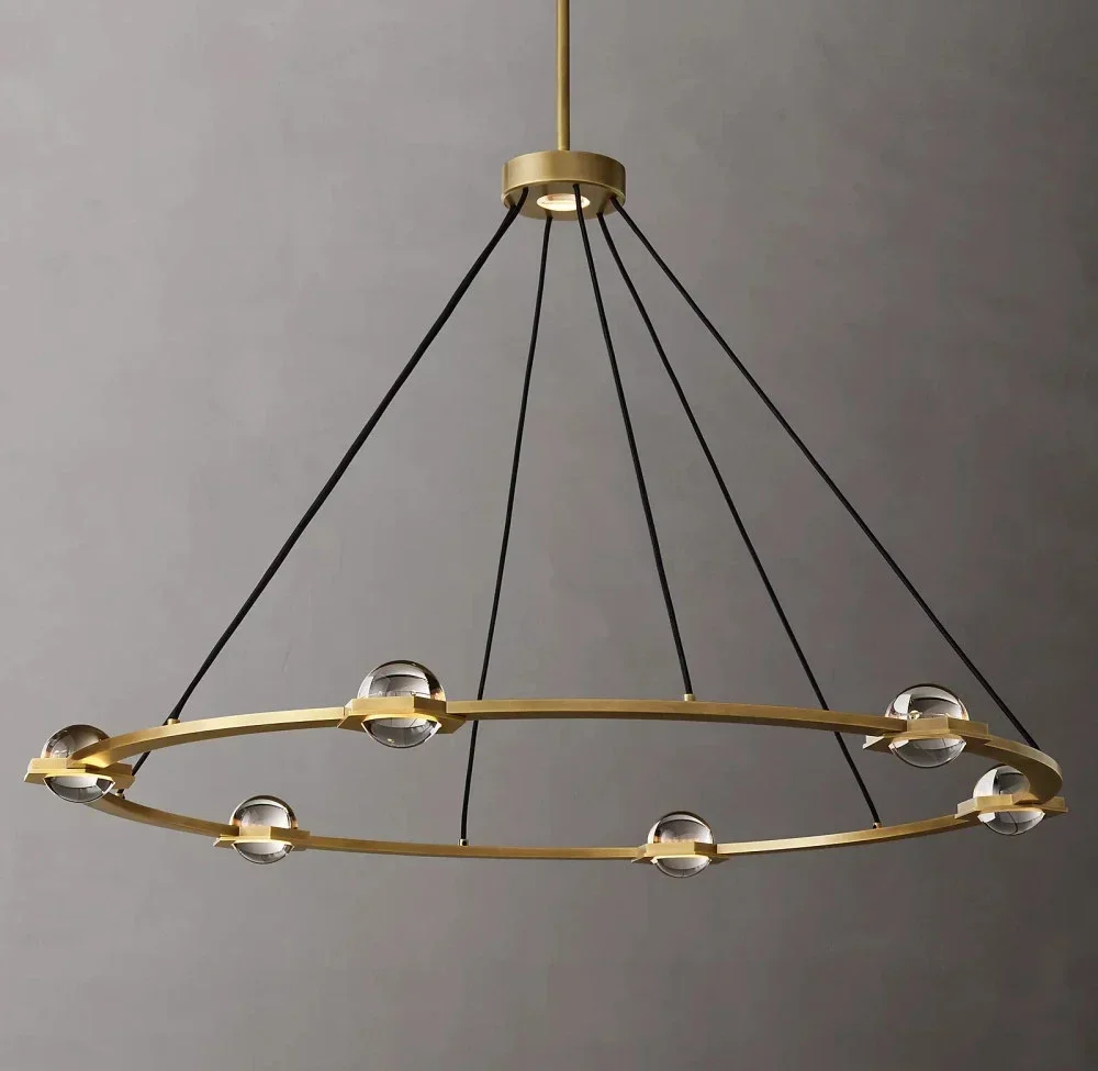 Round chandelier modern retro LED ring transparent glass brass chrome black chandelier farmhouse living room lamp decoration