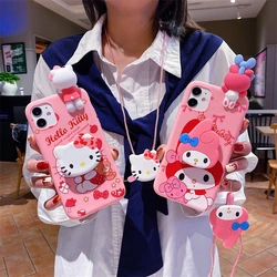 Hello Kitty Phone Case For Samsung Galaxy S24 Ultra S23 Plus S22 S21 FE S20 S10 lite S9 S8 Cartoon Strap Rope With Holder Cover