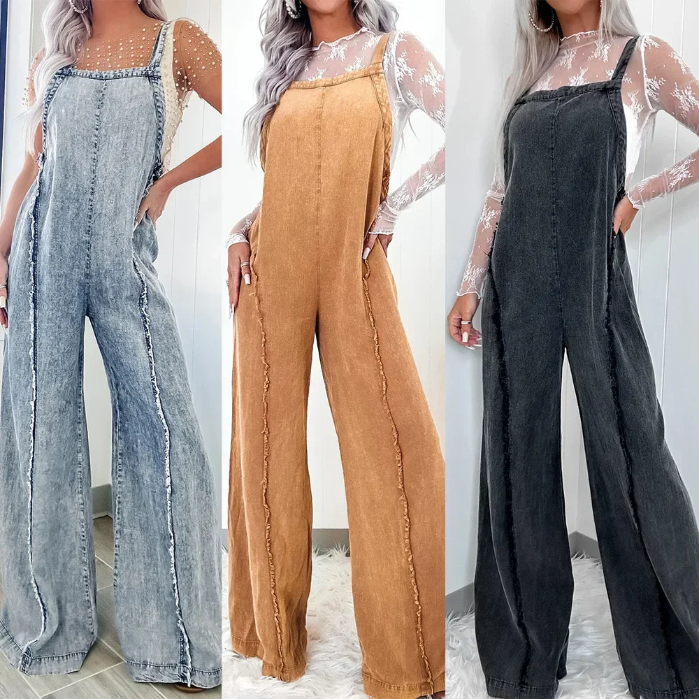 

Jumpsuits Women Vintage Rompers Wide Leg Jeans One Piece Denims Washed Distressed Overalls Floor Length Streetwear Suspenders