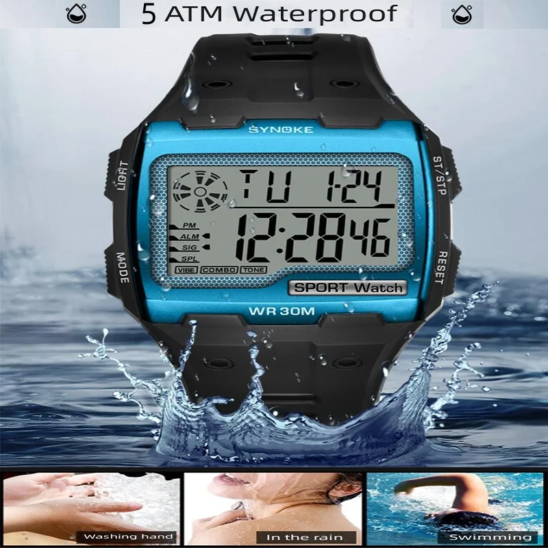 Synoke-Montre de sport de plein air pour homme, antichoc, grande taille, cadran LED, étanche, natation, montre-bracelet numérique, mode masculine, alarme