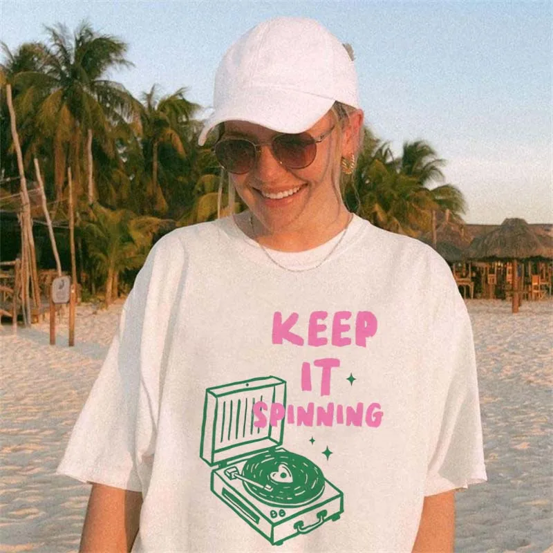 Keep It Spinning Record Player Graphic Print Vacation Beach Cartoon Versatile Summer Basic T-Shirt Trendy Short Sleeve T-Shirt