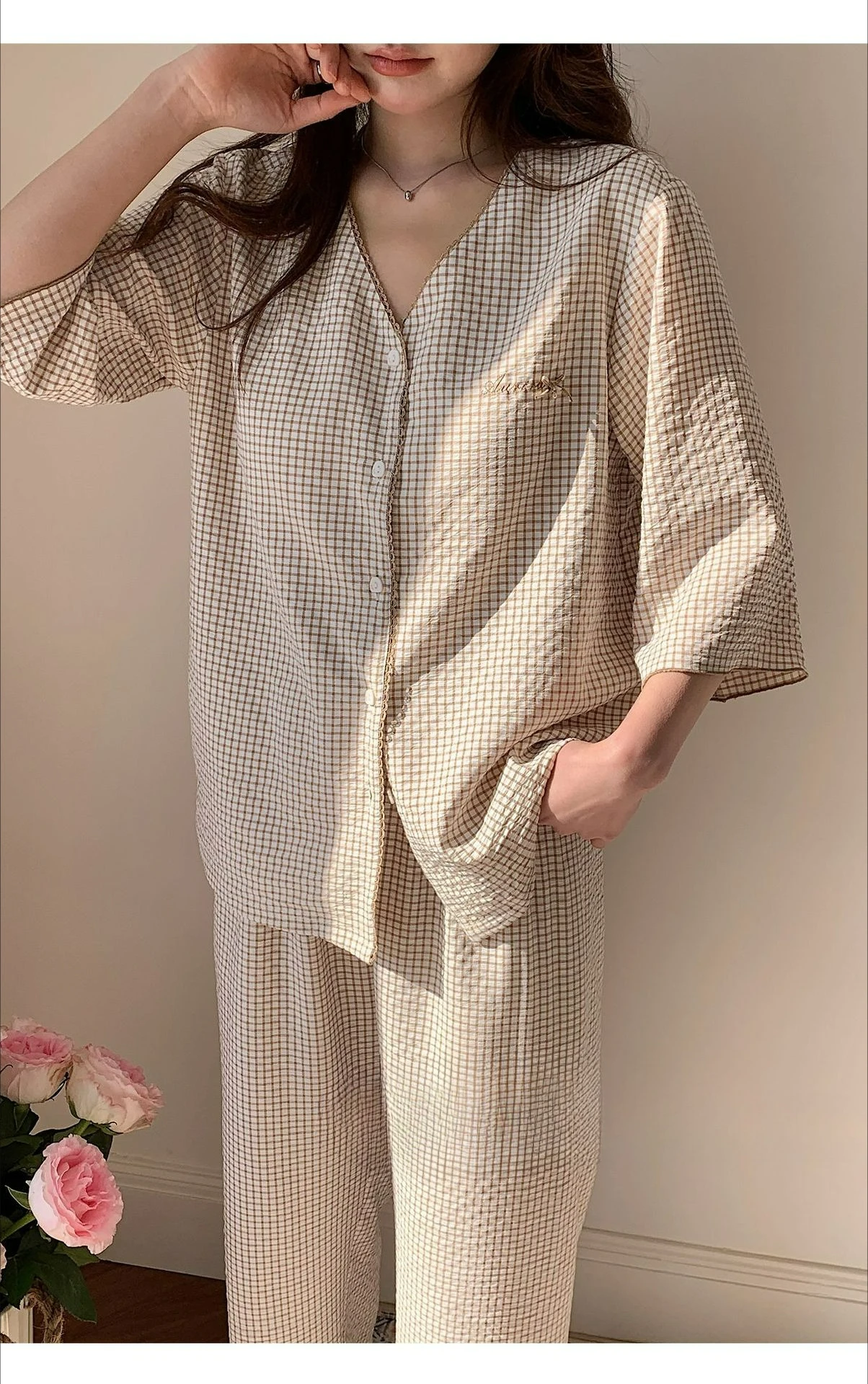 Pajamas Women's Summer New V-neck Lace Embroidered Loungewear Retro Plaid Sweet Suit 6
