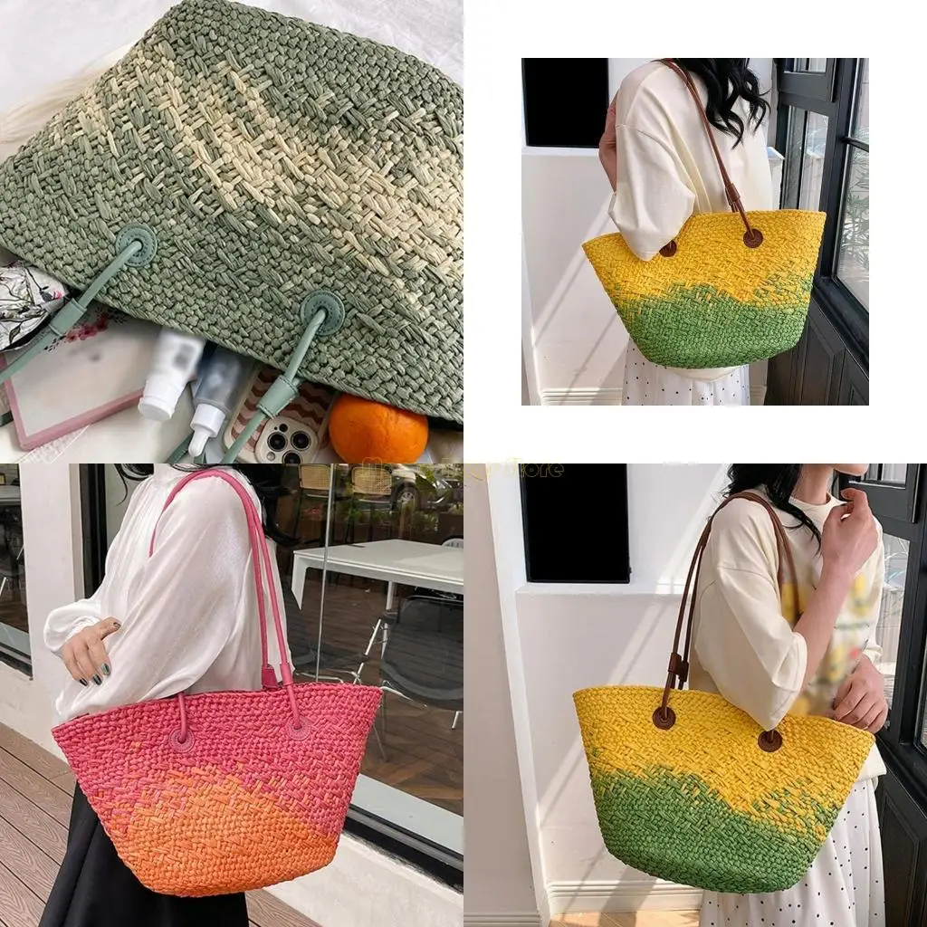 

X90D Fashionable Female Weave Shoulder Bag for Beach Vacation and Travel Colorful Woven Straw Handbag Large Basket Bucket Bag