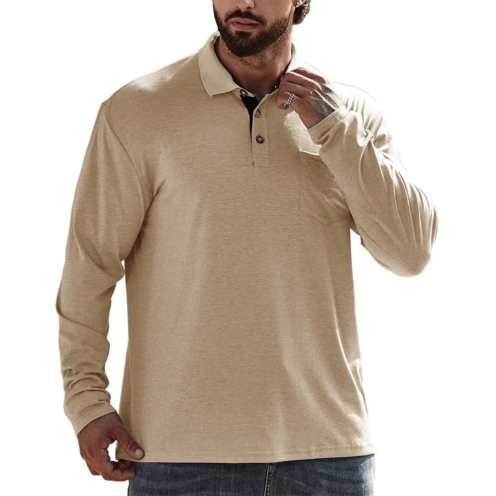 Men's Long Sleeve Quick Drying Pocket Polo T-shirts Golf Team Work Tops Classic Button Basic Tees Fashion Casual Business Shirts