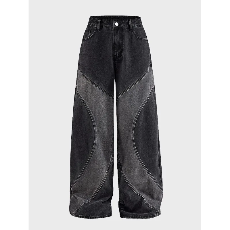 Women Y2K Contrast Curved Stitching Patchwork Wide Leg Jeans Retro Oversized Baggy Denim Pants