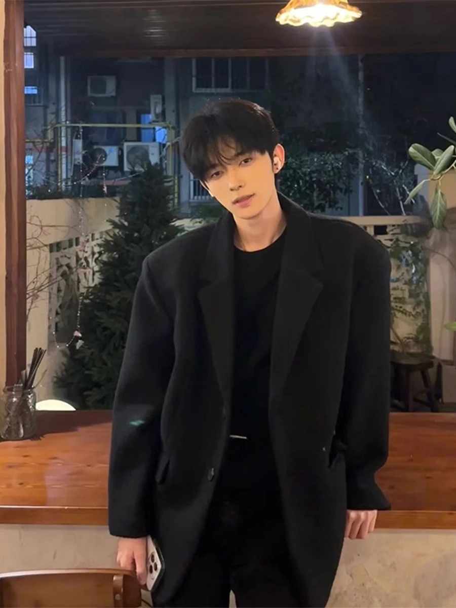 

Мужской шерстяной пиджак Pure Bla с утолщенными плечевыми накладками, осенне-зимний, модный, в британском стиле, повседневное пальто с лацканами